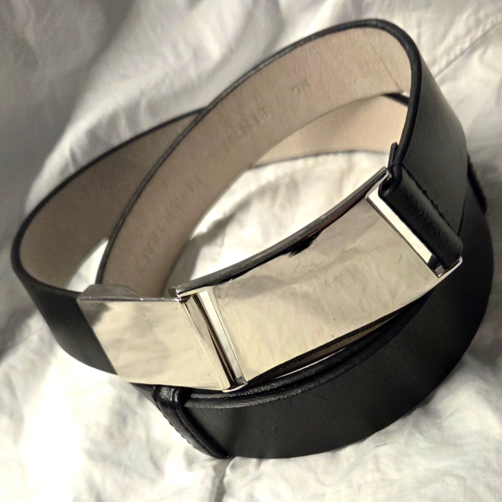 ELLEN TRACY Black & Silver Buckle Genuine Leather Adjustable Belt M/L EUC